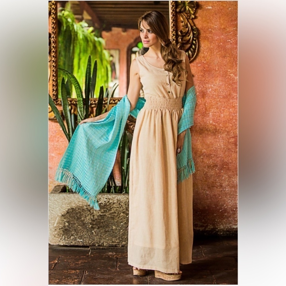 NOVICA Cotton Linen Tan Sleeveless Maxi Dress